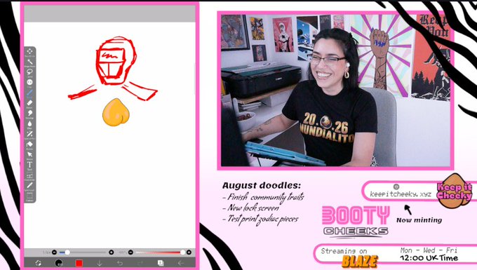 A screenshot of an art livestream on the Blaze platform featuring 'Cheekys August Doodles,' showing a digital drawing of a skull with an egg, alongside the streamer and information about 'Booty Cheeks' now minting at keepitcheeky.xyz.