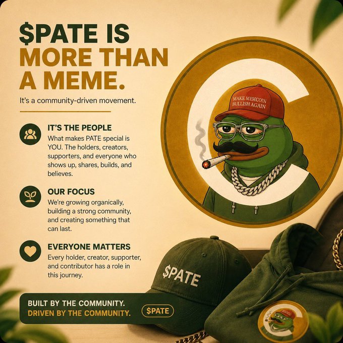 A promotional graphic for the $PATE meme coin on Solana, headlined "$PATE IS MORE THAN A MEME," featuring a Pepe-style frog mascot wearing a "MAKE MEMECOIN BULLISH AGAIN" cap and gold chain alongside branded merch like a "$PATE" cap and hoodie. The image aligns with the post's claim that $PATE is "starting to get interesting" by emphasizing its community-driven movement, organic growth, and inclusive ethos ("IT'S THE PEOPLE," "OUR FOCUS," "EVERYONE MATTERS").