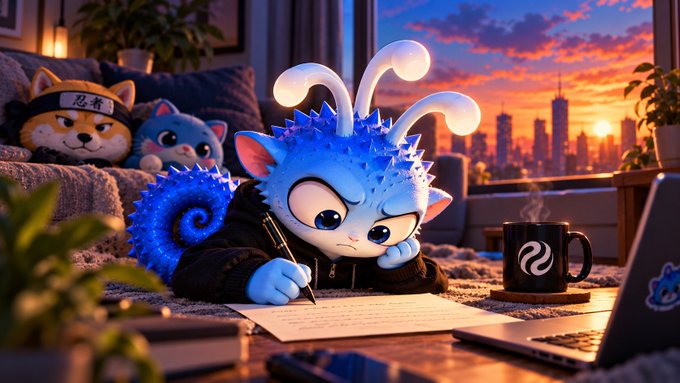 A digital illustration of a blue, spiky, cartoon-like creature with white antennae writing in a notebook at a desk, set against a sunset city skyline with stuffed toys on a couch in the background.