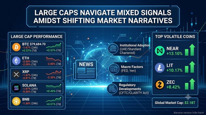 A cryptocurrency infographic titled 'LARGE CAPS NAVIGATE MIXED SIGNALS AMIDST SHIFTING MARKET NARRATIVES' showing performance of BTC ($79,684.70), ETH, XRP, SOLANA, and BNB, with top volatile coins NEAR (+13.10%), LIT (+10.17%), and ZEC (+8.42%). Key themes include Institutional Adoption (UAE/Standard Chartered), Macro Factors (FED, Yen), and Regulatory Developments (CFTC/CLARITY Act), with a Global Market Cap of $2.18T.
