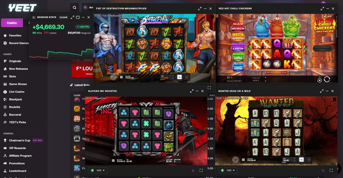 A screenshot of the YEET online casino website showing the dashboard with "CASINO" selected, displaying a balance of "$4,669.30" and four slot game previews titled "FIST OF DESTRUCTION MEGAWAYS", "RED HOT CHILLI CHICKENS", "SLAPPERS INC", and "WANTED DEAD OR A WILD" with various themed symbols and gameplay interfaces.