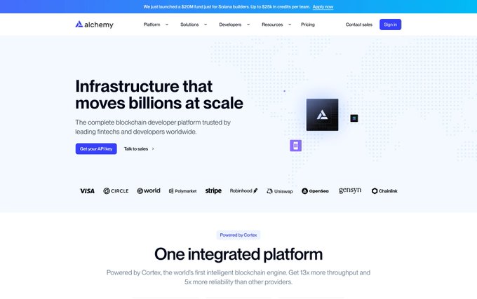 The homepage of the Alchemy website, advertising 'Infrastructure that moves billions at scale' with logos for partner companies including Visa, Circle, Stripe, and Robinhood.