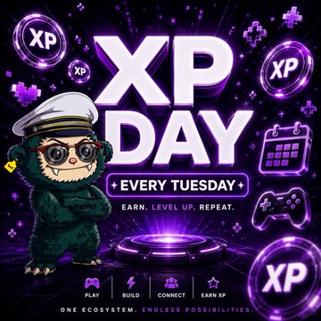 The image features a cartoon character dressed as a pirate, standing against purple background with a white text that reads "XP day" at the top of the image. Below this, there are various icons representing different video game elements such as a sword, a shield, and a crown. The overall color scheme is predominantly purple, with some purple and yellow accents. The post also includes a list of games available on XP Day, along with a message encouraging people to "crush their previous ATHs".