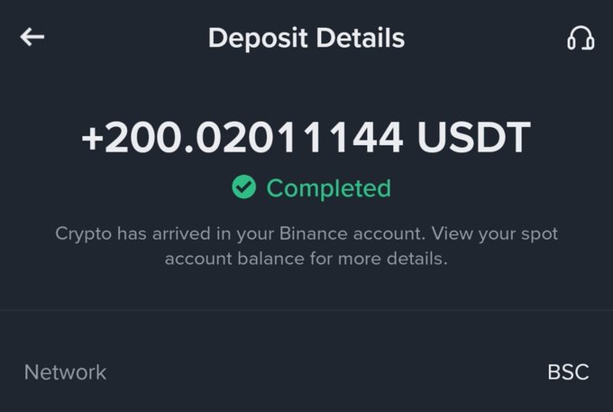 A 'Deposit Details' screen on a crypto exchange showing a completed transaction of '+200.02011144 USDT' on the BSC network.