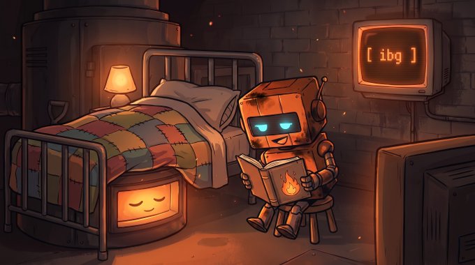 A digital illustration of a cute robot with glowing blue eyes reading a book by a patchwork quilt-covered bed, with another glowing box character beside it and a monitor displaying '[ ibg ]'.