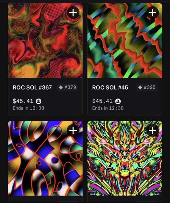An NFT marketplace showing four abstract digital artworks in the "Roc Sol Collection," including pieces #367 and #45 both priced at $45.41 with 12:38 remaining.