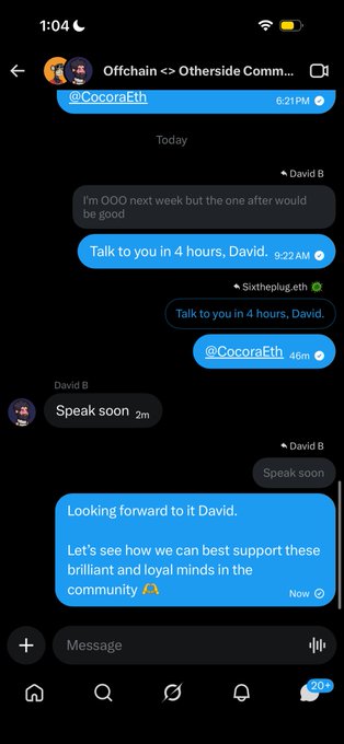 A screenshot of a social media direct message conversation in a group called 'Offchain <> Otherside Comm...' with users including @CocoraEth and David B discussing a future chat.