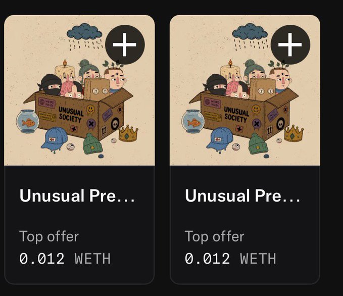 Two NFT listings from the "Unusual Society" collection are shown side by side, each with a top offer of "0.012 WETH," visually documenting the post-mint secondary market floor prices referenced in the caption.