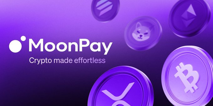 A purple promotional banner for MoonPay reading 'Crypto made effortless' alongside various cryptocurrency coin icons.