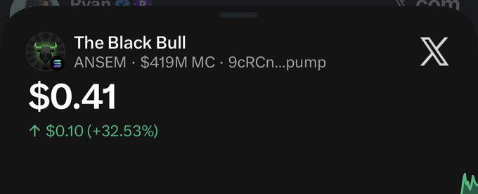 A screenshot displays "The Black Bull" with the ticker $ANSEM showing a price of $0.41, up $0.10 (+32.53%) with a market cap of $419M, capturing the token's new all-time high as referenced in the accompanying bullish post.