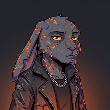 An animated anthropomorphic rabbit character with dark gray fur, glowing orange cracks resembling lava, yellow eyes, and a black leather jacket with a silver chain necklace.