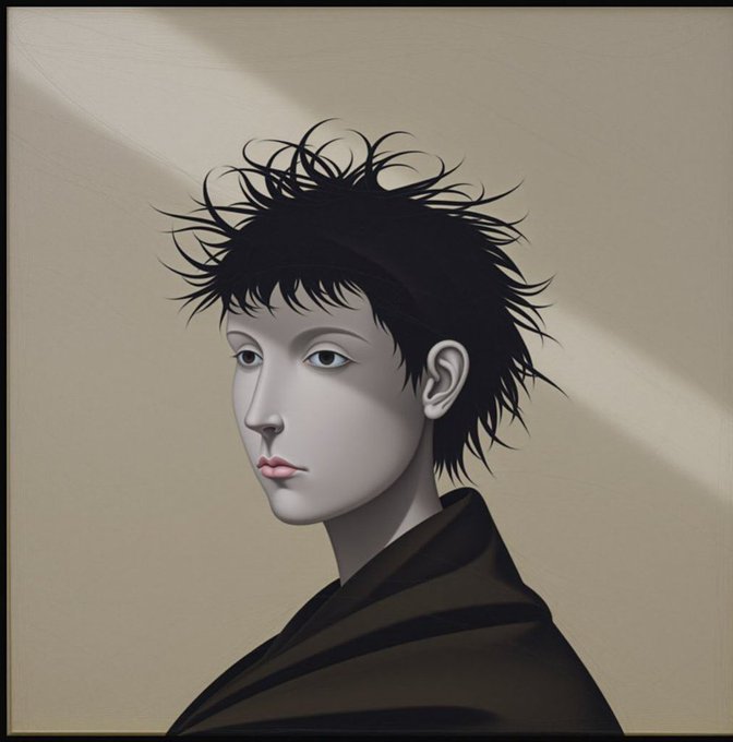 A stylized portrait illustration of a pale-skinned androgynous figure with messy spiky black hair and a black headband, wearing a dark garment, with dramatic lighting against a beige background.