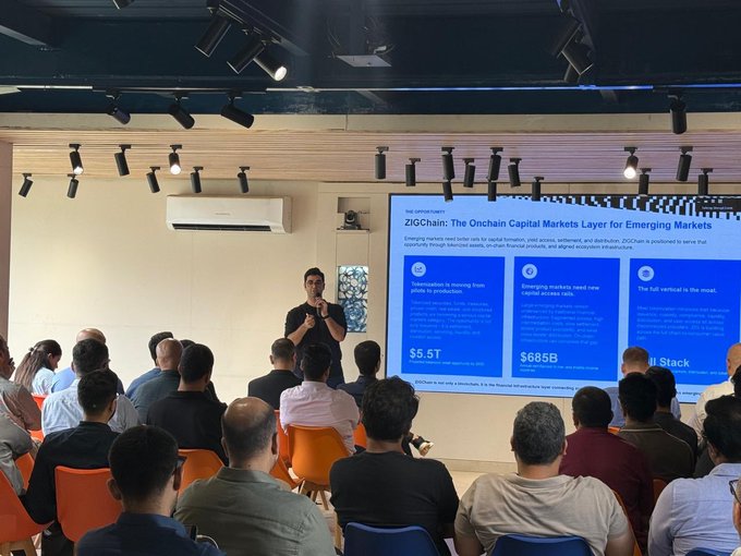 A presenter addresses a seated audience during a corporate presentation, with a large screen displaying "ZIGChain: The Onchain Capital Markets Layer for Emerging Markets," highlighting figures like "$5.5T" and "$685B" to showcase the platform's market opportunity. The scene reflects the Q2 review mentioned in the post, where the ZIGChain leadership team presents updates on ZIGMarkets and the $ZIG token to Disrupt.com executives.