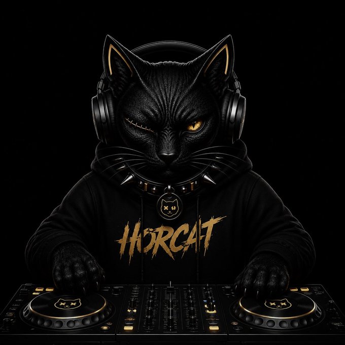 A digital illustration of a black cat wearing headphones and a spiked collar DJing on turntables, with "HURCAT" written on its hoodie.