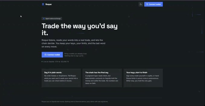 A screenshot of a website for an agent-native exchange called 'Rogue', featuring the tagline 'Trade the way you'd say it' and buttons to 'Connect wallet', with EVM Live on Sepolia ETH at $2,696.70.