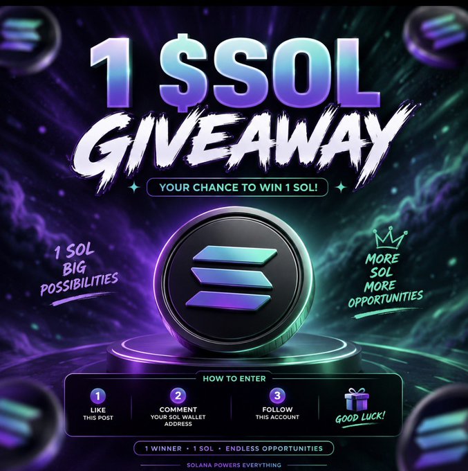 A promotional graphic for a "1 $SOL GIVEAWAY" featuring a glowing Solana logo on a dark purple background, instructing viewers to like, comment their SOL wallet address, and follow the account to enter, with the post specifying the giveaway is limited to the first 333 $SOL wallets.