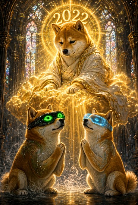 A highly stylized, golden-hued digital artwork featuring a central Shiba Inu dog dressed in ornate robes with a halo containing "2022," hovering above two praying Shiba Inus wearing futuristic green and blue glowing goggles.