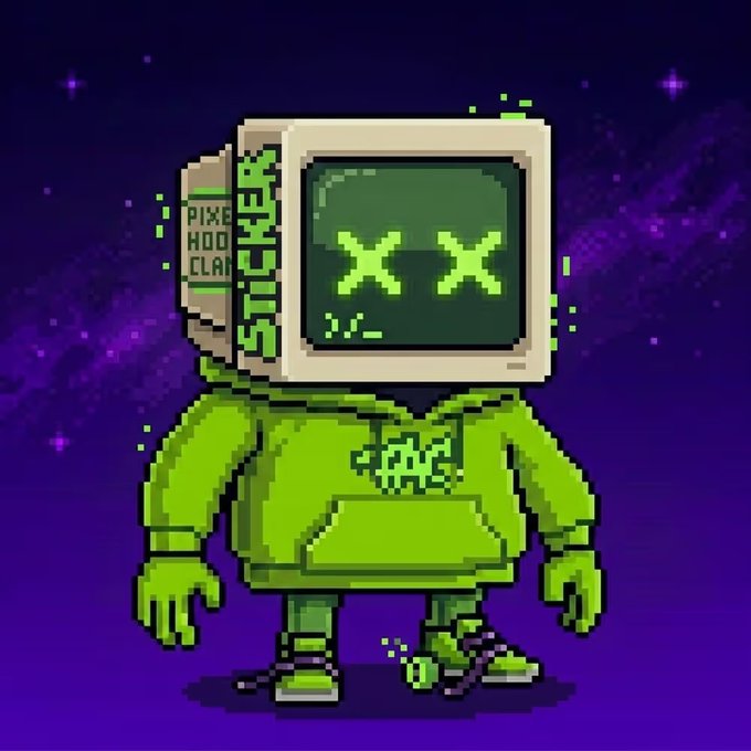 Pixel art character with a green hoodie and a CRT monitor for a head displaying X eyes, with 'PIXEL HOOD CLAN' written on the side of the monitor against a purple starry background.