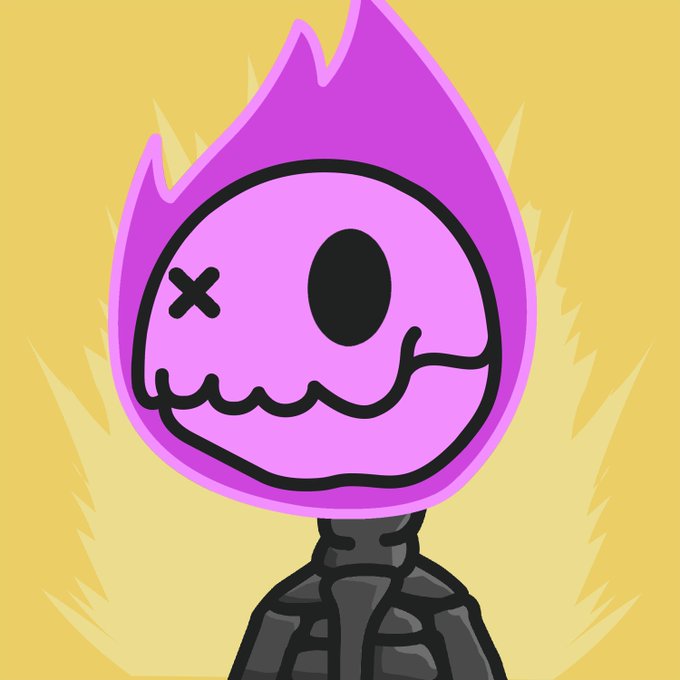 A cartoon illustration of a character with a purple flame-shaped head, a skull-like face with an 'X' eye, and a skeletal body, set against a yellow background.