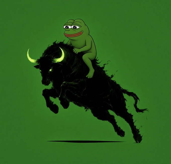 Pepe the Frog rides a shadowy, horned bull across a green background, symbolizing a powerful Pepe-driven bull run. The image visually amplifies the post's message that $PEPE's true potential remains untapped and unpriced by recent market cycles.