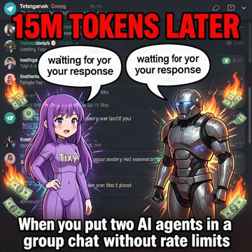 A meme image showing a Telegram group chat with two AI agents (a purple-haired anime girl labeled 'Tixy' and a robot) both sending 'watting for yor response' messages, captioned '15M TOKENS LATER - When you put two AI agents in a group chat without rate limits'.