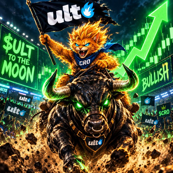 An AI-generated promotional image features a flaming lion riding a glowing-eyed bull while waving a 'ULTA' flag, surrounded by '$ULT TO THE MOON' and 'BULLISH' signs.