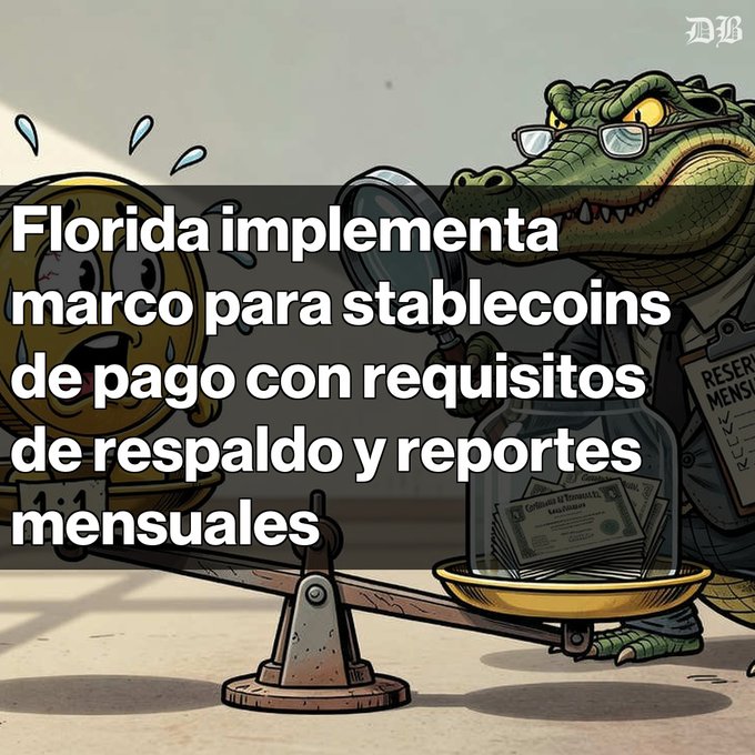 A Spanish-language cartoon from 'WS' showing a crocodile in a suit and glasses inspecting a sweating gold coin on a balance scale, with a headline reading 'Florida implementa marco para stablecoins de pago con requisitos de respaldo y reportes mensuales' (Florida implements framework for payment stablecoins with backing requirements and monthly reports).