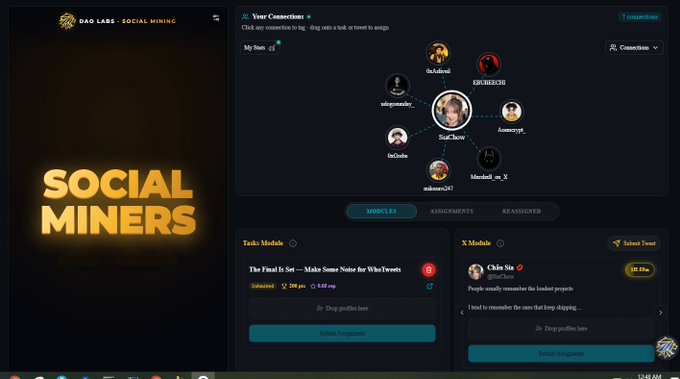 OAD LABS Social Mining platform showing a 'SOCIAL MINERS' interface with a connection network of users like StakeZurich, Anonymous, and MarioGal_X, plus task lists for X interactions.
