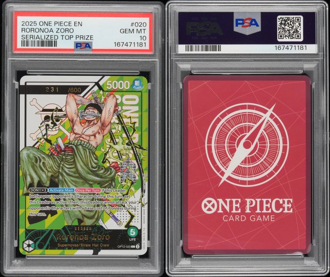 A PSA-graded PSA 10 Gem Mint One Piece TCG card featuring Roronoa Zoro (card #020, Serialized Top Prize #231/500) from the 2025 One Piece EN set, valued through a "$47,000 over/under" wager given its rare serialized status and perfect grade.
