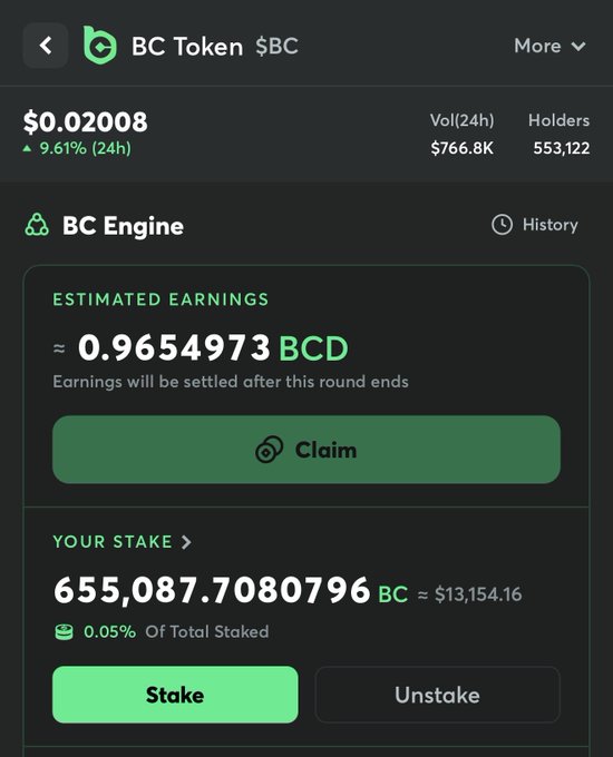 A mobile screenshot of a BC Token ($BC) page showing a price of $0.02008 (+9.61% 24h), with BC Engine earnings of 0.9654973 BCD and a stake of 655,087.7080796 BC (~$13,154.16).