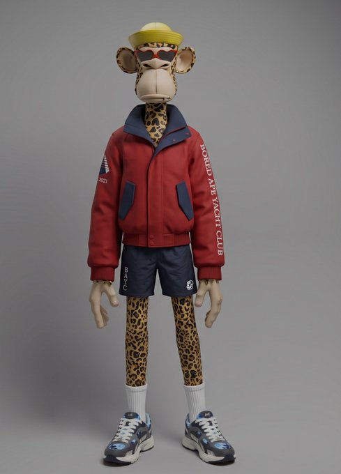A 3D-rendered leopard character wearing a yellow cap, red jacket with 'BORED APE YACHT CLUB' text on the sleeve, navy shorts, white socks, and blue sneakers.