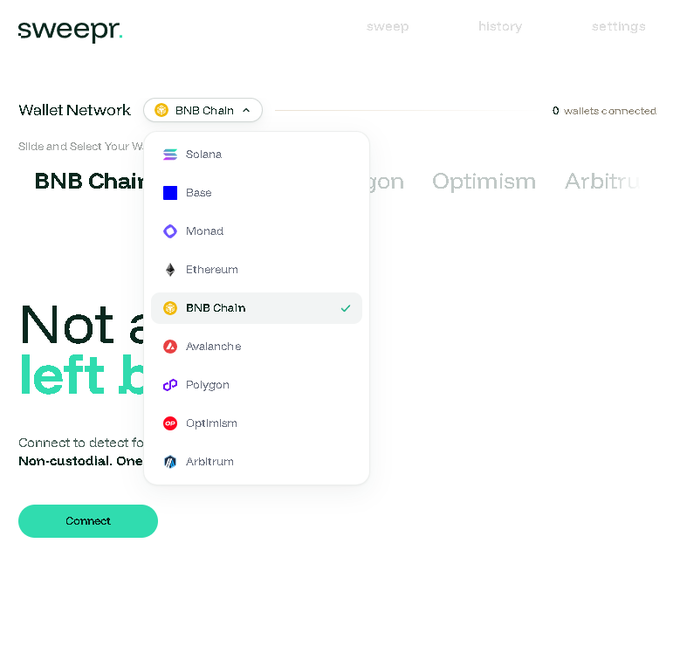 The image shows a screenshot of the account page of an exchange called @usesweepr. There are various details about the exchange displayed on the screen, including information such as balances and chains that can be converted into different tokens like USDC or ETH. The bottom part of the screen displays helpful options for users, such as selecting chains they want to convert their balances into specific tokens (e.g., USDC) from a dropdown menu. This highlights the potential benefits of using @usesweepr: it allows users to quickly and easily convert small balances across different chains into desired token types.