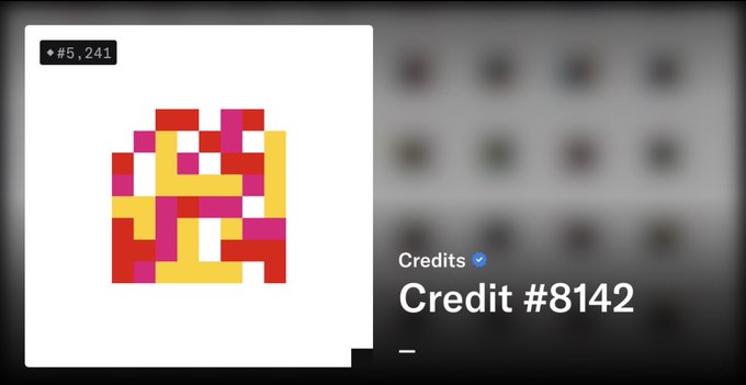 A digital collectible display showing 'Credit #8142' from the 'Credits' collection, featuring a colorful pixelated geometric design in pink, yellow, and red tones with a rank indicator of '#5,241' in the top left corner.