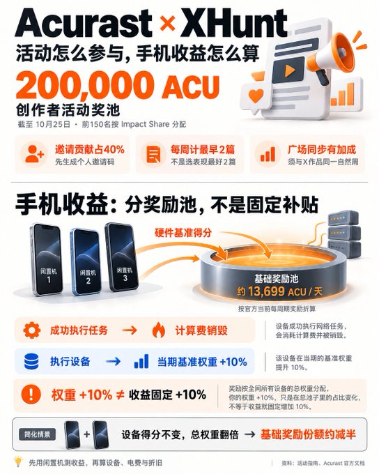 A promotional infographic for the Acurast × XHunt creator event highlights a 200,000 ACU prize pool distributed by Impact Share to the top 150 contributors by October 25, with additional bonuses for invitations and weekly rankings, while illustrating that mobile device earnings come from a shared reward pool (~13,699 ACU/day) rather than fixed subsidies, where network bandwidth consumption and device base weight determine final payouts.