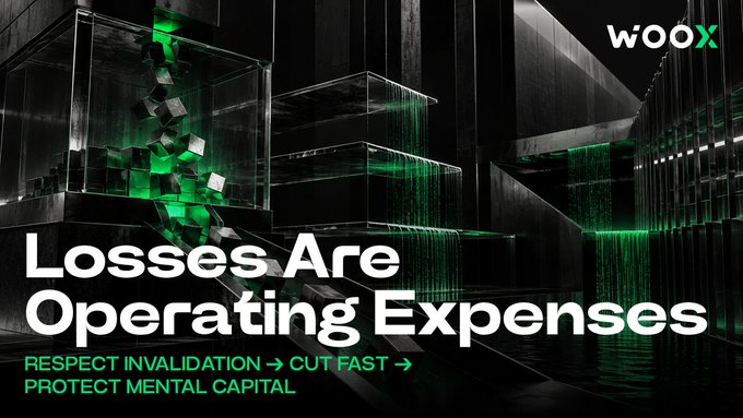 A digital graphic with the text 'wooX' in the top right and 'Losses Are Operating Expenses' prominently displayed, along with 'RESPECT INVALIDATION → CUT FAST → PROTECT MENTAL CAPITAL' against a green and black architectural background.