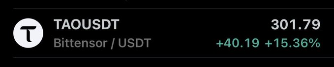 A crypto trading interface showing the trading pair 'TAOUSDT' (Bittensor / USDT) at a price of 301.79, up +40.19 (+15.36%).