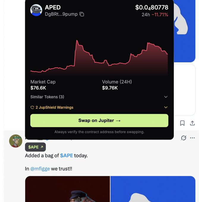 The image displays multiple social media posts, including an error message with a screenshot of the Twitter page displaying the post made by @sapcec. The error message indicates that there's an error or issue with a contract address. The post is related to apecoin because it mentions the token as @apecoin and talks about an APED pump fun token. The posts seem to be focusing on discussing the contract address, potentially highlighting problems such as incorrect addresses or issues in the contract.
