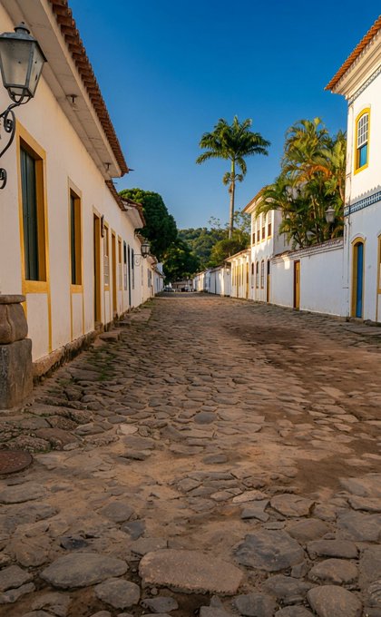 A cobblestone street winds through a colonial village with whitewashed buildings trimmed in yellow, leading toward a tall palm tree under a clear blue sky. The charming, sunlit scene fits perfectly with the warm, friendly greeting "Good afternoon, X frens," evoking a peaceful and inviting tropical afternoon.