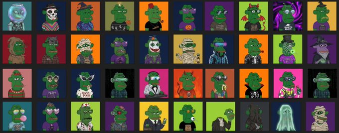 A grid of 48 pixel-art NFT portraits features stylized green, reptilian, and cartoonish characters with varied outfits including witch hats, scuba gear, lab coats, suits, and mummy wrappings, each set against brightly colored backgrounds. The collection appears to be the "Dumb" NFT series advertised on OpenSea, showcasing the diverse traits of the minting collection.