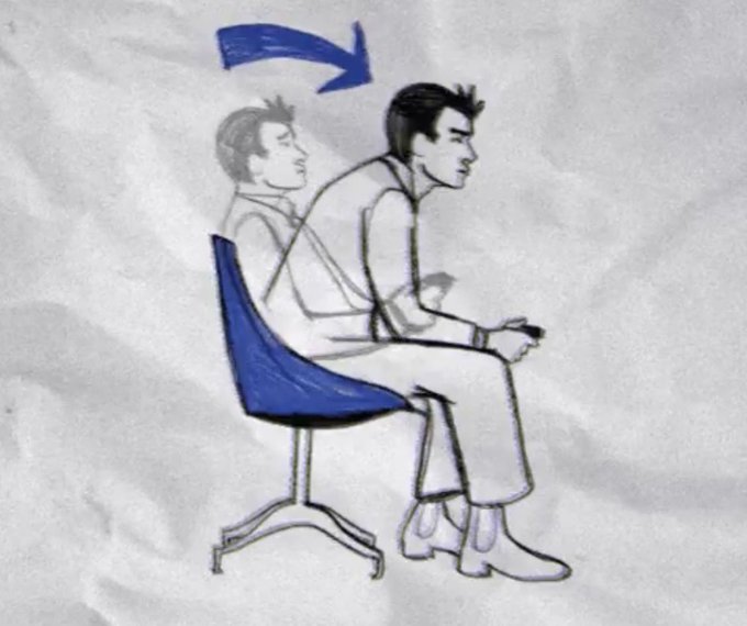 A hand-drawn sketch on crumpled paper showing a man sitting in a blue chair with a faded outline of himself behind him, indicating proper posture, with a blue arrow pointing forward.