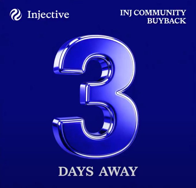 A blue promotional countdown graphic featuring the Injective logo and the text “INJ COMMUNITY BUYBACK,” a large “3,” and “DAYS AWAY.”