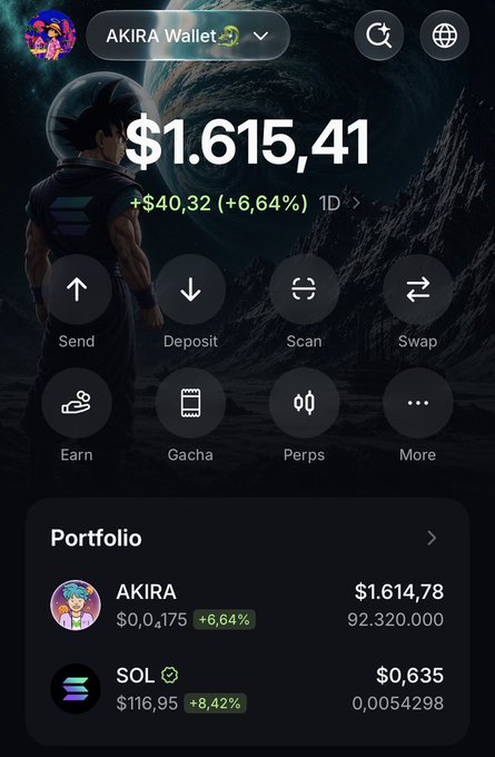 An AKIRA Wallet app interface displays a total balance of $1.615,41 with options like Send, Deposit, Swap, and Earn, along with portfolio details for AKIRA and SOL tokens.