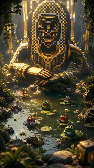 A massive golden pixel-art Buddha statue rests in a lush jungle setting, surrounded by a pond filled with lily pads and small cartoon frog characters.
