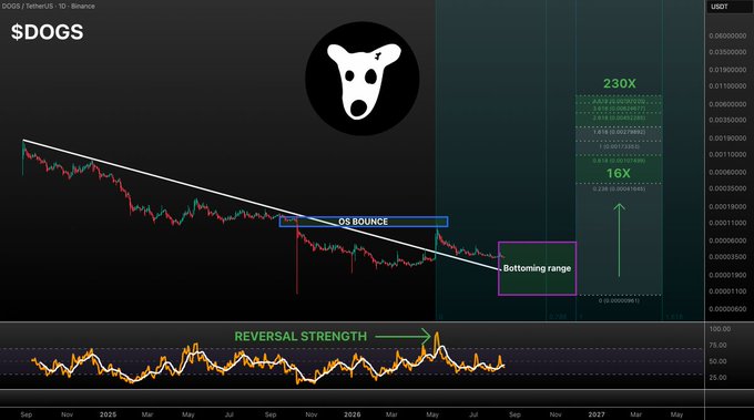 A DOGS/Tether (Binance) chart shows a downtrend, “OS BOUNCE,” “Bottoming range,” and “REVERSAL STRENGTH,” with projected upside of 16X or up to 230X into 2027. It illustrates the post’s claim that capitulation and an oversold bounce are complete and that DOGS may enter a prolonged accumulation phase before a projected Q1 2027 rally.