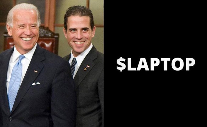 The image shows two men in suits smiling, with the older man on the left wearing a blue tie and the younger man on the right wearing a striped tie with a lapel pin. On the right side of the image against a black background, the text "$LAPTOP" is displayed in bold white letters, referencing the memecoin ticker mentioned in the accompanying post about Hunter Biden's reported memecoin launch.