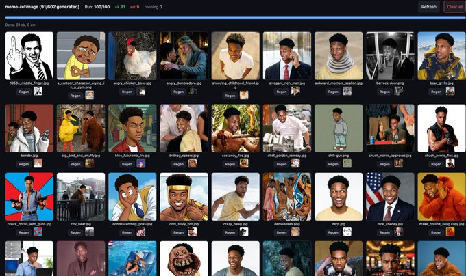 A meme-revImage generation interface showing a grid of approximately 40 thumbnails, mostly featuring images of a young Black man in various styles (cartoon, 3D, realistic, anime), with filename labels such as 'speech_midterm_speech.jpg', 'angry_midterm_blink.jpg', and 'barack_obama.png'.