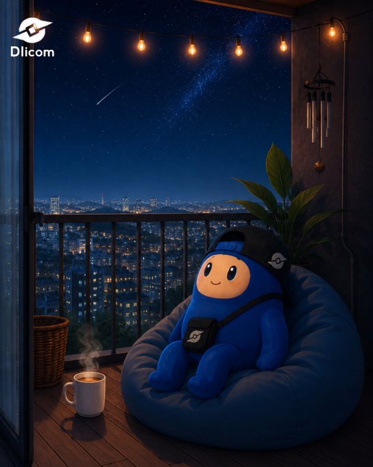 An illustration shows a cute blue mascot character wearing a cap and bag sitting in a beanbag chair on a balcony at night, with a cityscape view, string lights, and a steaming mug nearby, labeled 'Dlicom' in the top left.