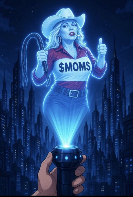 A stylized illustration shows a holographic projection of a cowgirl in a cowboy hat emerging from a flashlight, wearing a shirt labeled '$MOMS' and holding a whip, set against a futuristic blue cityscape.