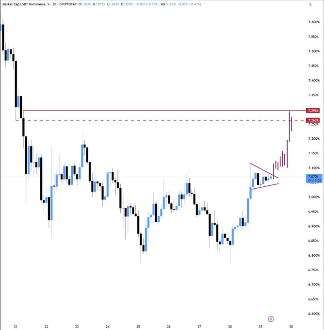 A candlestick chart showing Market Cap USDT Dominance percentage with a highlighted price zone at 7.294% and a bull pennant pattern forming near 7.070%.