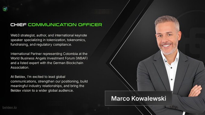 A professional profile graphic for 'CHIEF COMMUNICATION OFFICER' featuring a man in a grey suit named 'Marco Kowalewski', with bio text about his roles at Beldex and beldex.io.